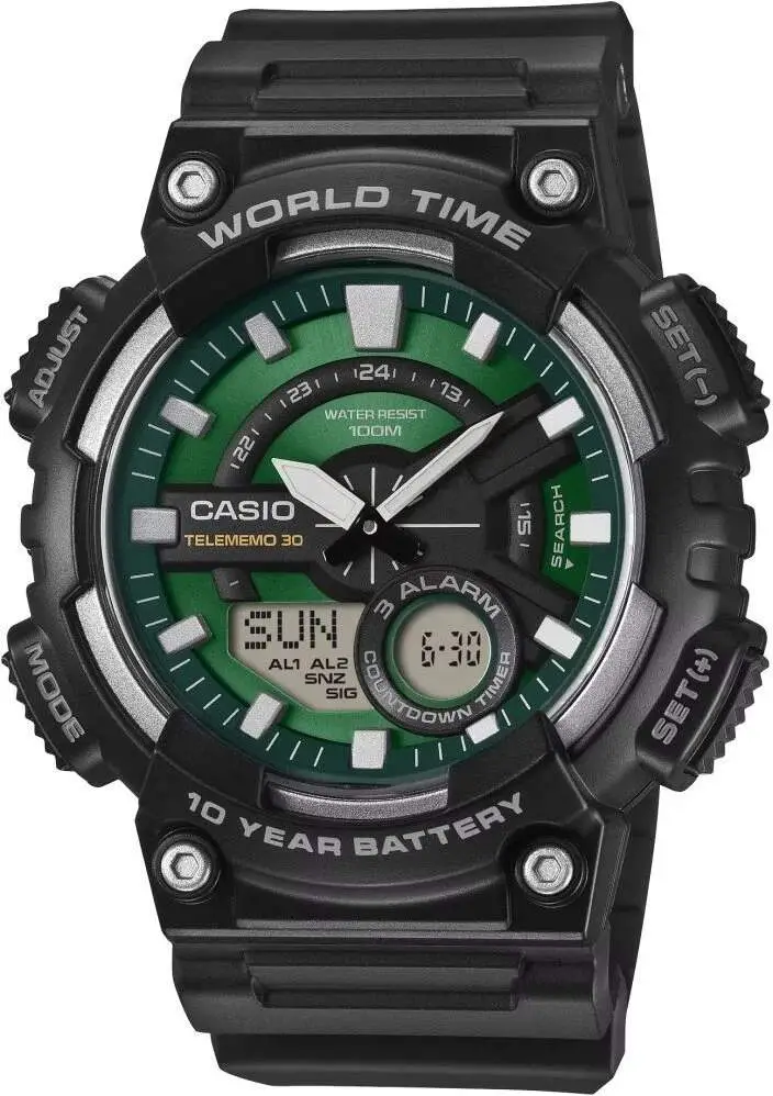Casio AEQ-110W-3A2VDF Quartz Silikon Siyah Yeşil Kadran 10 ATM 48 mm Erkek Kol Saati