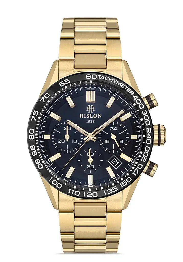 Hislon MS107T-04SG Quartz Japon Analog Çelik Altın Rengi Siyah Kadran 44 mm Erkek Kol Saati