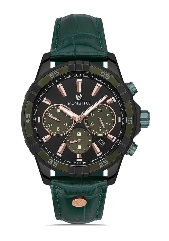 Momentus SM367B-04YS Quartz Deri Yeşil Siyah Kadran 44 mm Erkek Kol Saati