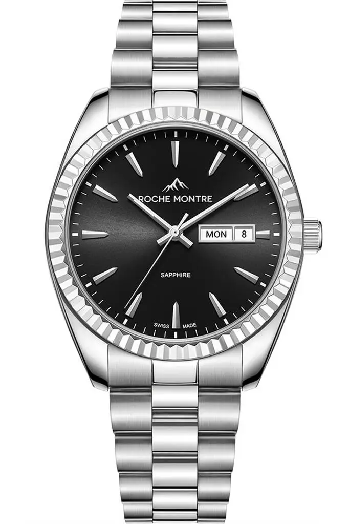 Roche Montre RMG6001-01 Quartz Çelik Gri Siyah Kadran Safir 39 mm Erkek Kol Saati